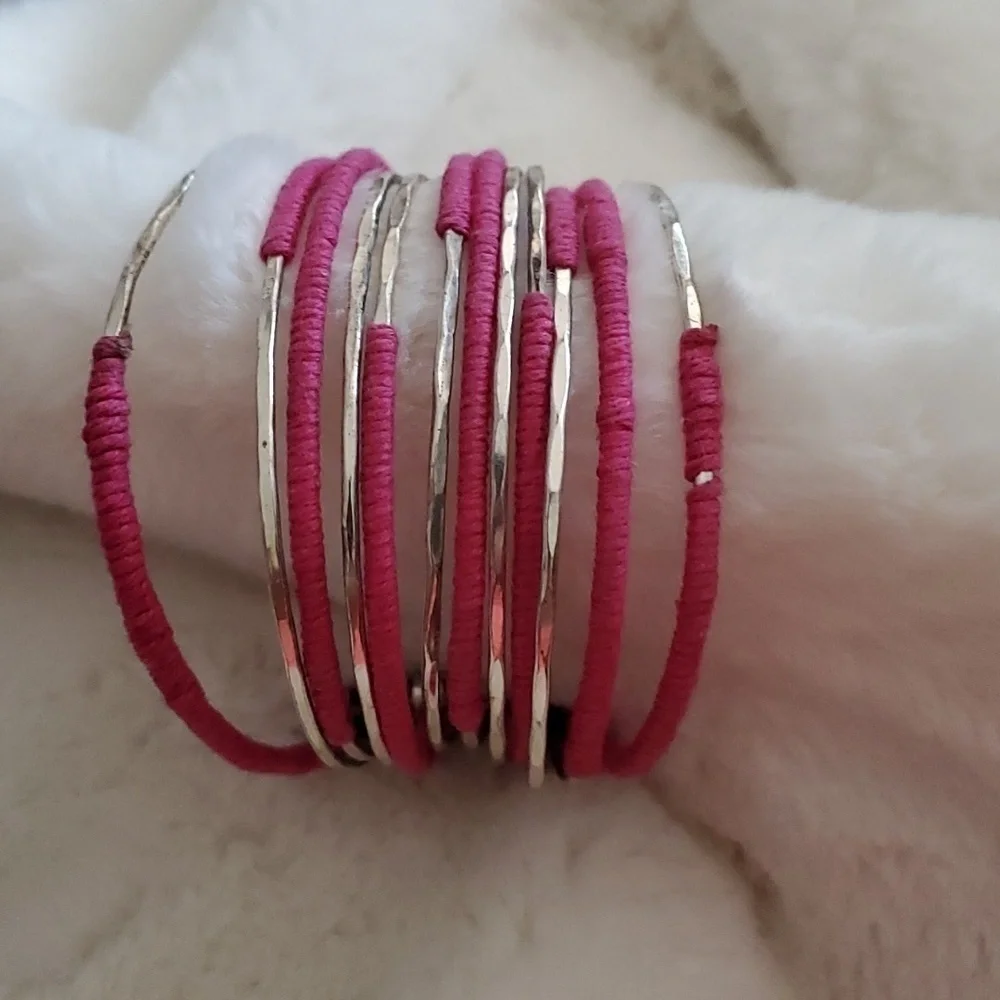 HOT PINK SILVER TONE MULTI STRAND CUFF BRACELET